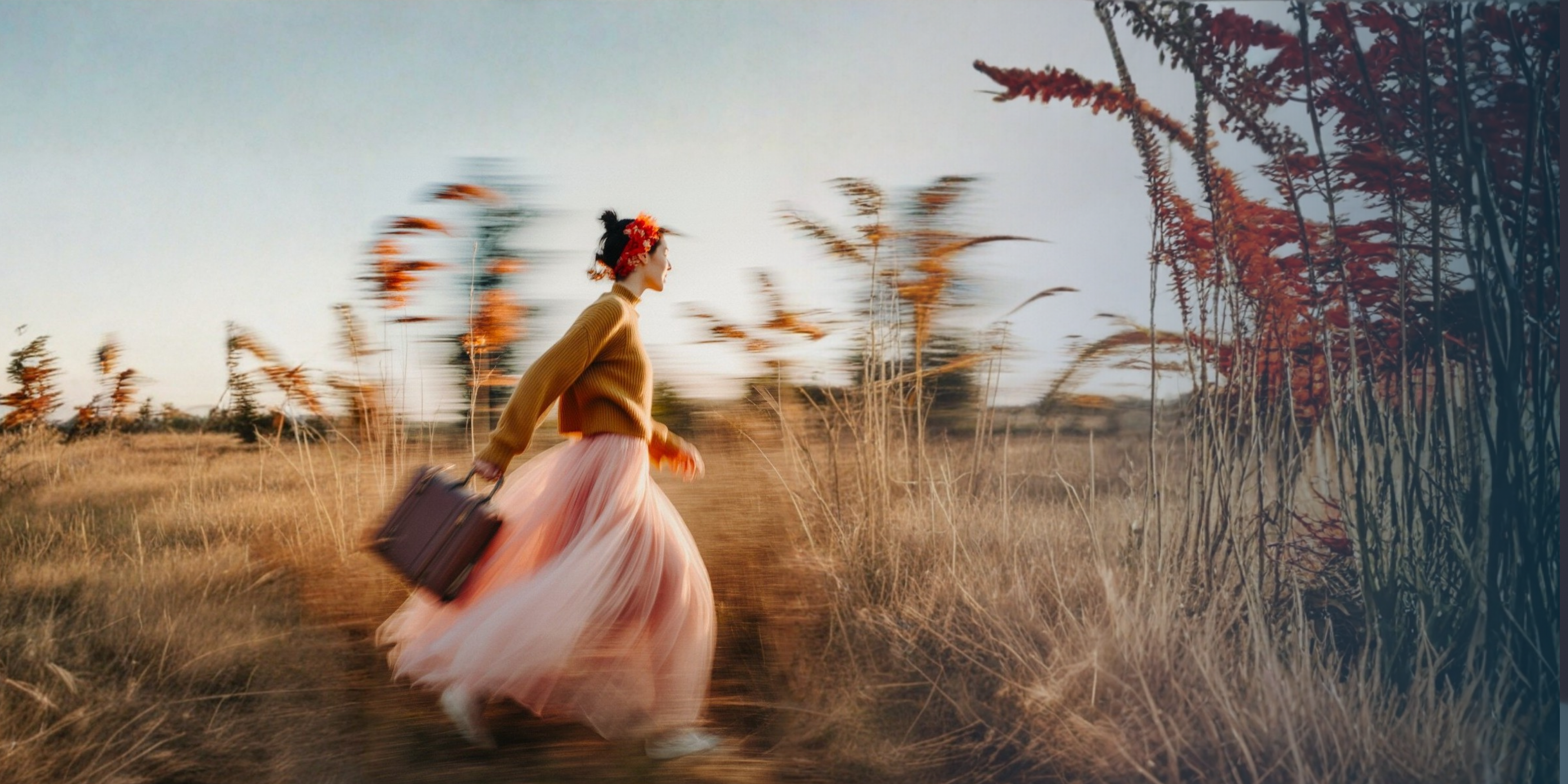 Woman in a yellow sweater and pink skirt walking through a field with tall grass and flowers.