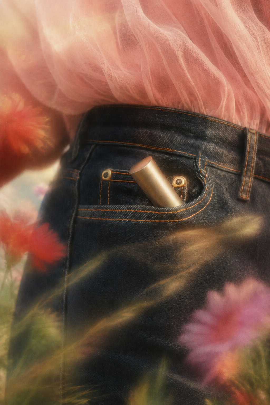 Person wearing a denim jacket with a metallic object in the pocket, surrounded by flowers.
