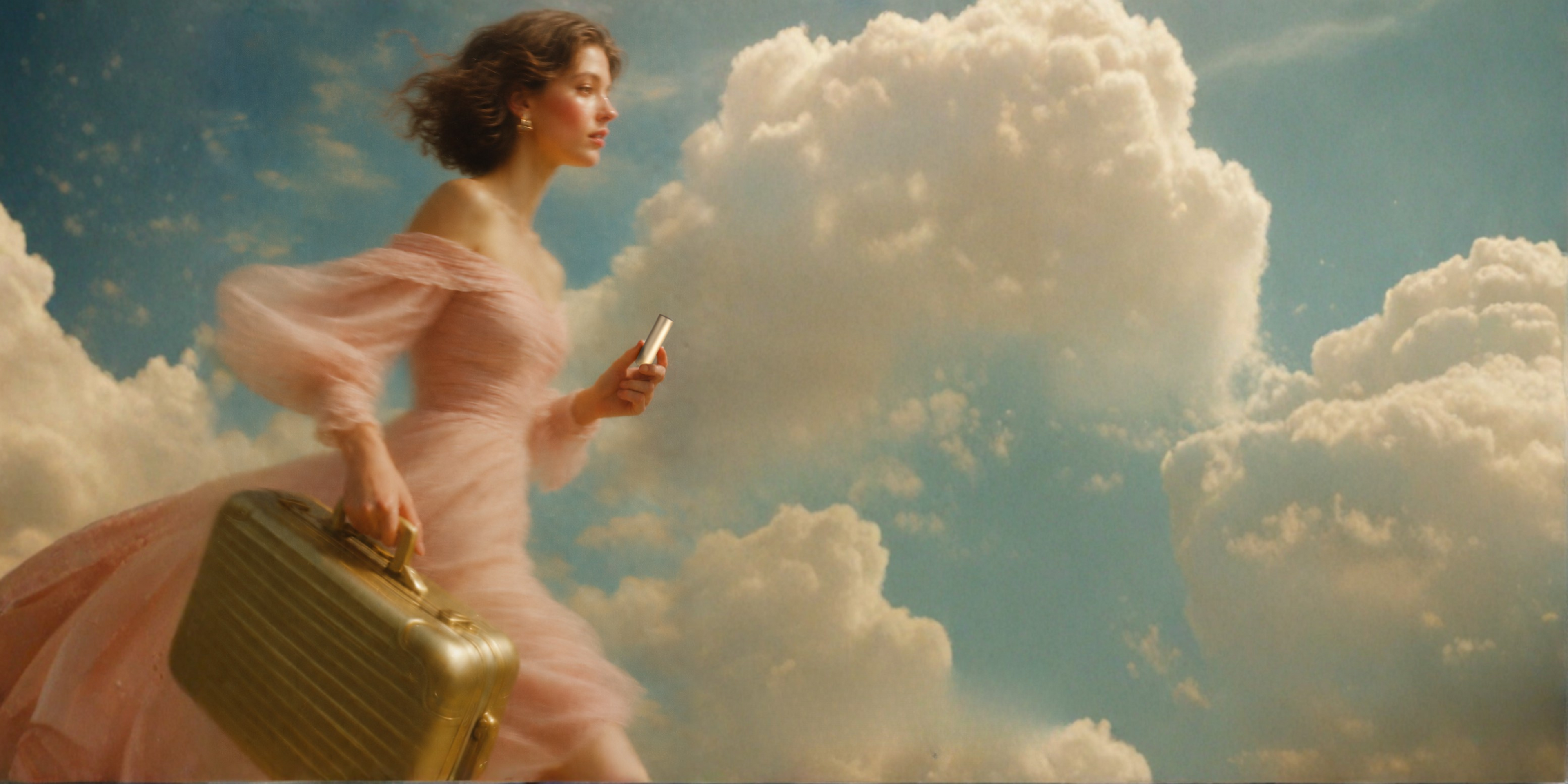 Woman in a pink dress holding a suitcase and phone against a cloudy sky